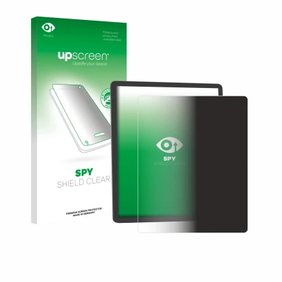 Parte frontal de un envase de producto con el logotipo de la marca upscreen. Al lado se muestra el dispositivo Amazon Kindle S