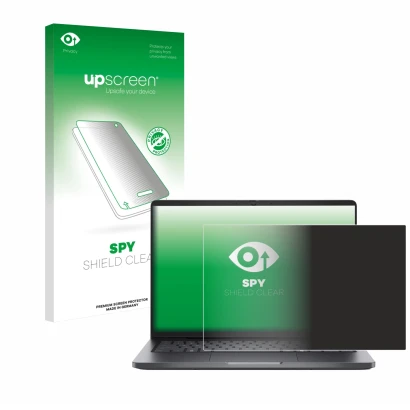 Parte frontal de un envase de producto con el logotipo de la marca upscreen. Al lado se muestra el dispositivo Dell Pro 14 con