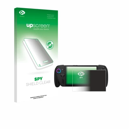 Parte frontal de un envase de producto con el logotipo de la marca upscreen. Al lado se muestra el dispositivo ASUS ROG Ally X