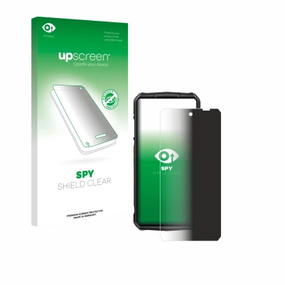 Parte frontal de un envase de producto con el logotipo de la marca upscreen. Al lado se muestra el dispositivo Ulefone 29 pro