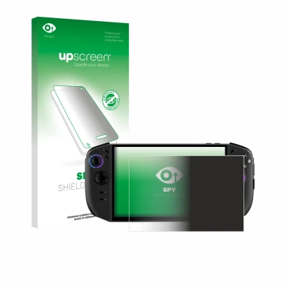 Parte frontal de un envase de producto con el logotipo de la marca upscreen. Al lado se muestra el dispositivo Lenovo Legion G