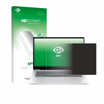 Parte frontal de un envase de producto con el logotipo de la marca upscreen. Al lado se muestra el dispositivo HP OmniBook 7 1