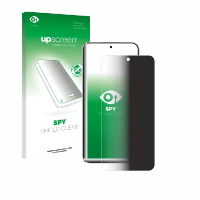 Parte frontal de un envase de producto con el logotipo de la marca upscreen. Al lado se muestra el dispositivo Oppo Reno 14 co