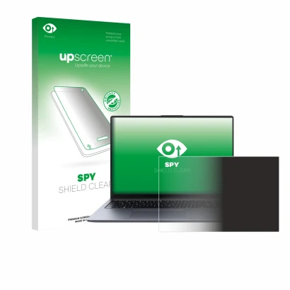 Parte frontal de un envase de producto con el logotipo de la marca upscreen. Al lado se muestra el dispositivo Huawei MateBook