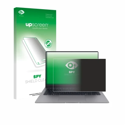 Parte frontal de un envase de producto con el logotipo de la marca upscreen. Al lado se muestra el dispositivo Honor MagicBook