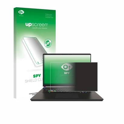 Parte frontal de un envase de producto con el logotipo de la marca upscreen. Al lado se muestra el dispositivo MSI Vector 17 H