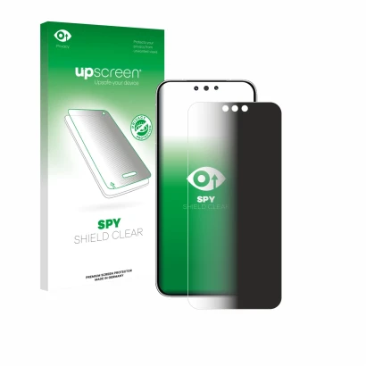 Parte frontal de un envase de producto con el logotipo de la marca upscreen. Al lado se muestra el dispositivo Huawei Mate 80 