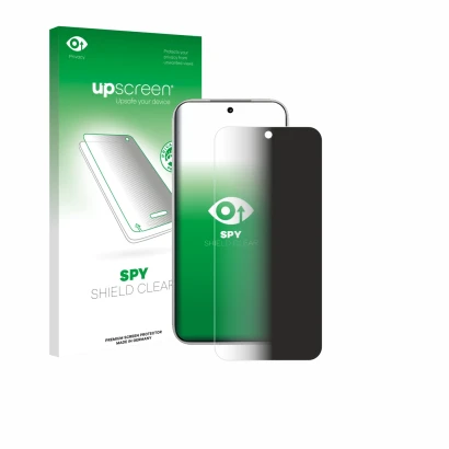 Parte frontal de un envase de producto con el logotipo de la marca upscreen. Al lado se muestra el dispositivo Xiaomi Poco F8 