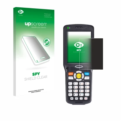 Parte frontal de un envase de producto con el logotipo de la marca upscreen. Al lado se muestra el dispositivo Unitech HT510A