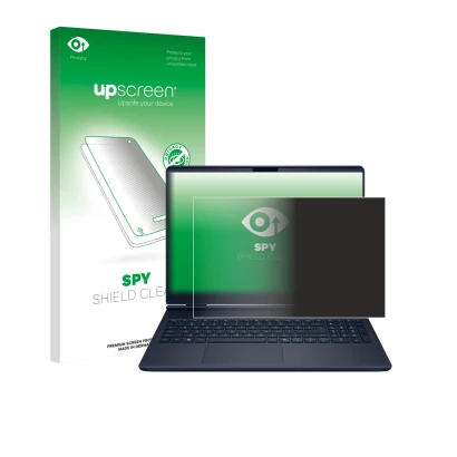 Parte frontal de un envase de producto con el logotipo de la marca upscreen. Al lado se muestra el dispositivo Dell Alienware