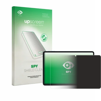 Parte frontal de un envase de producto con el logotipo de la marca upscreen. Al lado se muestra el dispositivo Doogee Tab G6 P