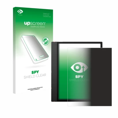 Parte frontal de un envase de producto con el logotipo de la marca upscreen. Al lado se muestra el dispositivo Boox Note Air 5
