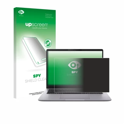 Parte frontal de un envase de producto con el logotipo de la marca upscreen. Al lado se muestra el dispositivo ASUS ExpertBook
