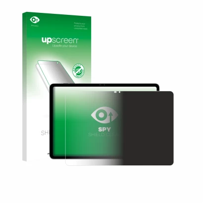 Parte frontal de un envase de producto con el logotipo de la marca upscreen. Al lado se muestra el dispositivo Blackview MEGA