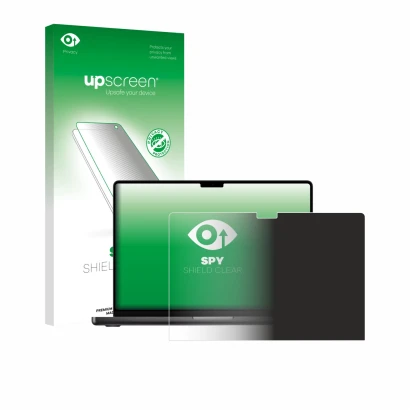 Parte frontal de un envase de producto con el logotipo de la marca upscreen. Al lado se muestra el dispositivo Apple MacBook P