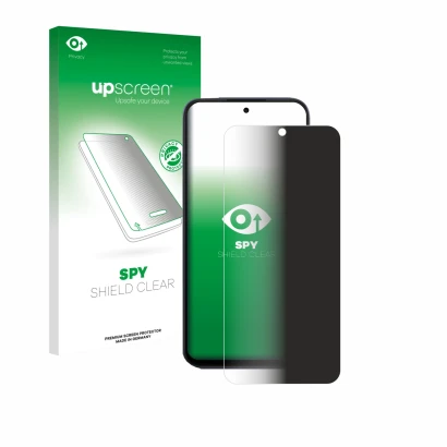 Parte frontal de un envase de producto con el logotipo de la marca upscreen. Al lado se muestra el dispositivo Oppo A6x 4G con