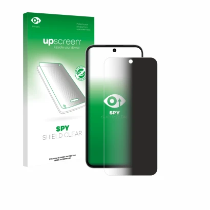 Parte frontal de un envase de producto con el logotipo de la marca upscreen. Al lado se muestra el dispositivo Oppo A6s 5G con