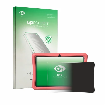 Parte frontal de un envase de producto con el logotipo de la marca upscreen. Al lado se muestra el dispositivo Tabwee K10 con