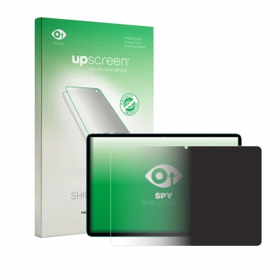 Parte frontal de un envase de producto con el logotipo de la marca upscreen. Al lado se muestra el dispositivo Teclast P33 con