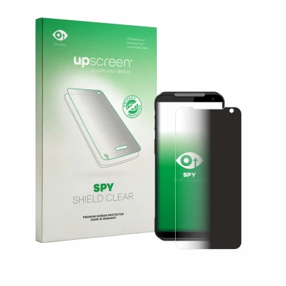 Parte frontal de un envase de producto con el logotipo de la marca upscreen. Al lado se muestra el dispositivo Point Mobile MF