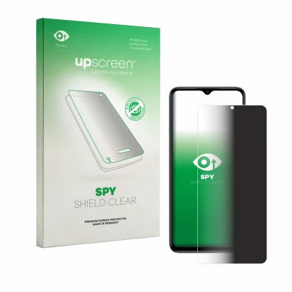 Parte frontal de un envase de producto con el logotipo de la marca upscreen. Al lado se muestra el dispositivo Itel Zeno 100 c