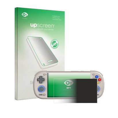 Parte frontal de un envase de producto con el logotipo de la marca upscreen. Al lado se muestra el dispositivo Retroid Pocket