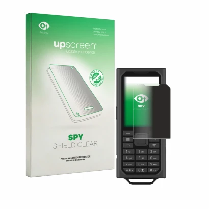Parte frontal de un envase de producto con el logotipo de la marca upscreen. Al lado se muestra el dispositivo HMD Terra M con