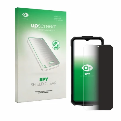 Parte frontal de un envase de producto con el logotipo de la marca upscreen. Al lado se muestra el dispositivo Doogee Fire 5 P