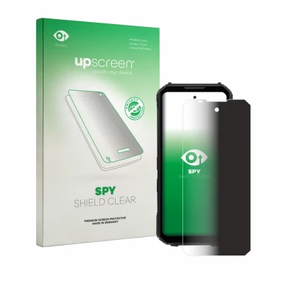 Parte frontal de un envase de producto con el logotipo de la marca upscreen. Al lado se muestra el dispositivo Doogee V Max LR
