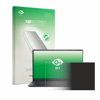 Parte frontal de un envase de producto con el logotipo de la marca upscreen. Al lado se muestra el dispositivo Dell Pro 15 Ess