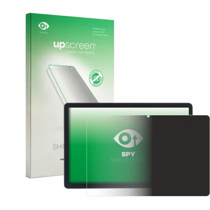 Parte frontal de un envase de producto con el logotipo de la marca upscreen. Al lado se muestra el dispositivo Acepad A172 con