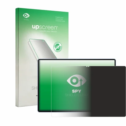 Parte frontal de un envase de producto con el logotipo de la marca upscreen. Al lado se muestra el dispositivo Huawei MatePad