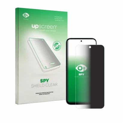 Parte frontal de un envase de producto con el logotipo de la marca upscreen. Al lado se muestra el dispositivo Honor Play 80 P