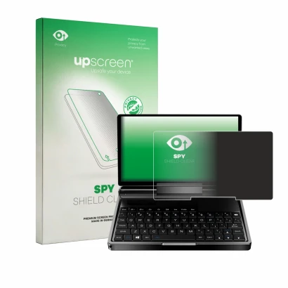 Parte frontal de un envase de producto con el logotipo de la marca upscreen. Al lado se muestra el dispositivo GPD MicroPC 2 c