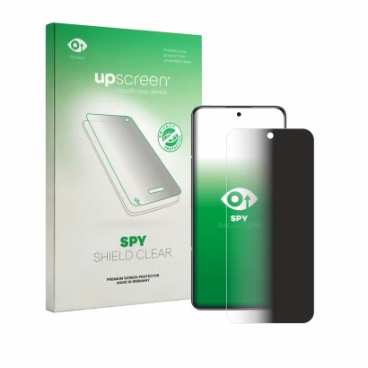 Parte frontal de un envase de producto con el logotipo de la marca upscreen. Al lado se muestra el dispositivo Honor X7e con s