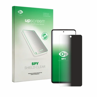 Parte frontal de un envase de producto con el logotipo de la marca upscreen. Al lado se muestra el dispositivo Oppo A5i Pro co