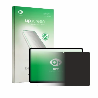 Parte frontal de un envase de producto con el logotipo de la marca upscreen. Al lado se muestra el dispositivo Honor Pad 20 co