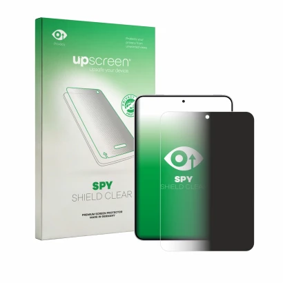 Parte frontal de un envase de producto con el logotipo de la marca upscreen. Al lado se muestra el dispositivo Oppo Pad Mini c