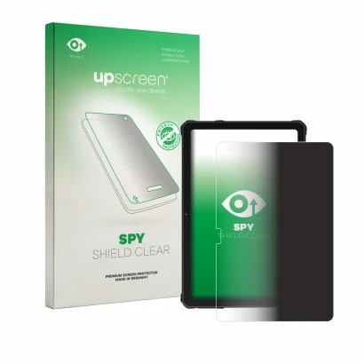 Parte frontal de un envase de producto con el logotipo de la marca upscreen. Al lado se muestra el dispositivo Oukitel RT10 co