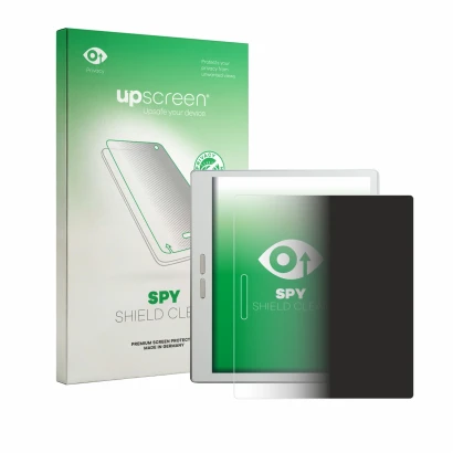 Parte frontal de un envase de producto con el logotipo de la marca upscreen. Al lado se muestra el dispositivo Bigme B7 Pro co