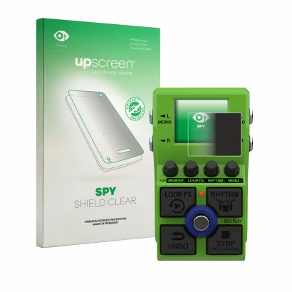 Parte frontal de un envase de producto con el logotipo de la marca upscreen. Al lado se muestra el dispositivo Zoom MS-90LP Pl