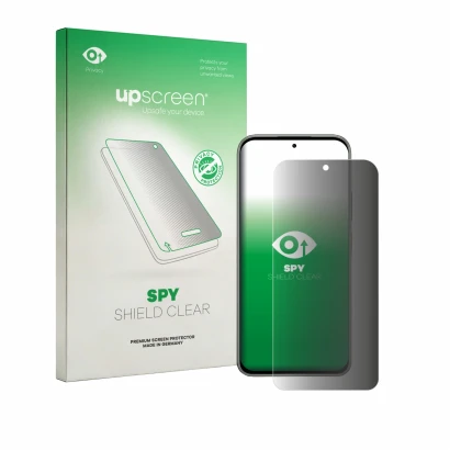 Parte frontal de un envase de producto con el logotipo de la marca upscreen. Al lado se muestra el dispositivo Tecno Pova 8 co