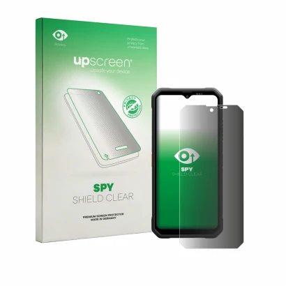 Parte frontal de un envase de producto con el logotipo de la marca upscreen. Al lado se muestra el dispositivo Blackview Fort