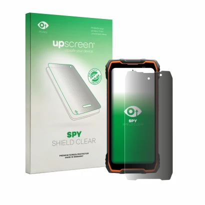 Parte frontal de un envase de producto con el logotipo de la marca upscreen. Al lado se muestra el dispositivo Blackview Rock