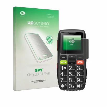 Parte frontal de un envase de producto con el logotipo de la marca upscreen. Al lado se muestra el dispositivo artfone C1 con