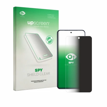 Parte frontal de un envase de producto con el logotipo de la marca upscreen. Al lado se muestra el dispositivo Sharp Aquos R11