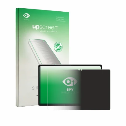 Parte frontal de un envase de producto con el logotipo de la marca upscreen. Al lado se muestra el dispositivo Lenovo Tab Plus