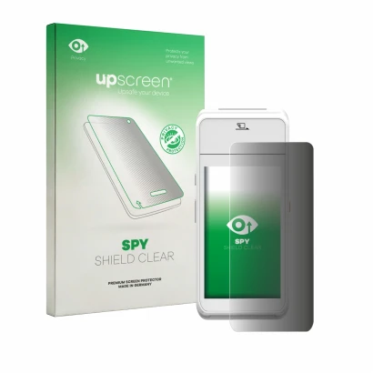Parte frontal de un envase de producto con el logotipo de la marca upscreen. Al lado se muestra el dispositivo Pax A99 con su