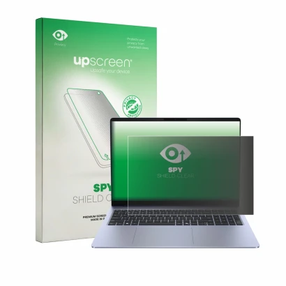 Parte frontal de un envase de producto con el logotipo de la marca upscreen. Al lado se muestra el dispositivo Dell 16S con su
