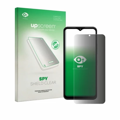 Parte frontal de un envase de producto con el logotipo de la marca upscreen. Al lado se muestra el dispositivo HMD Arc con su